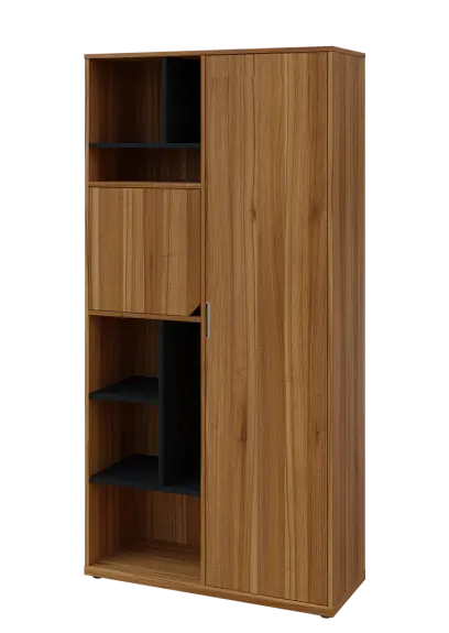 KSR6-83 P skříň šatní, 1x výsuvné ramínko, dvířka, niky, 2053x1022x400 mm, provedení pravé, korpus a dvířka ořech světlý/police černá